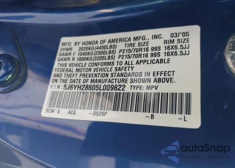 2005 Honda Element Ex from USA, damaged, VIN 5J6YH28605L009622